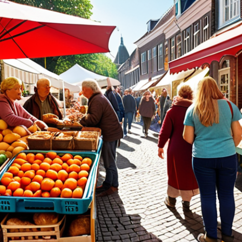 **Prompt:** A bustling local farmers market in a charming Dutch town. Focus on vibrant stalls overflowing with fresh produce, a local bakery with delicious bread, and happy customers interacting with vendors. Capture the sense of community, sustainability, and the positive impact of investing in your own neighborhood. Sunlight, warm colors, happy vibes.