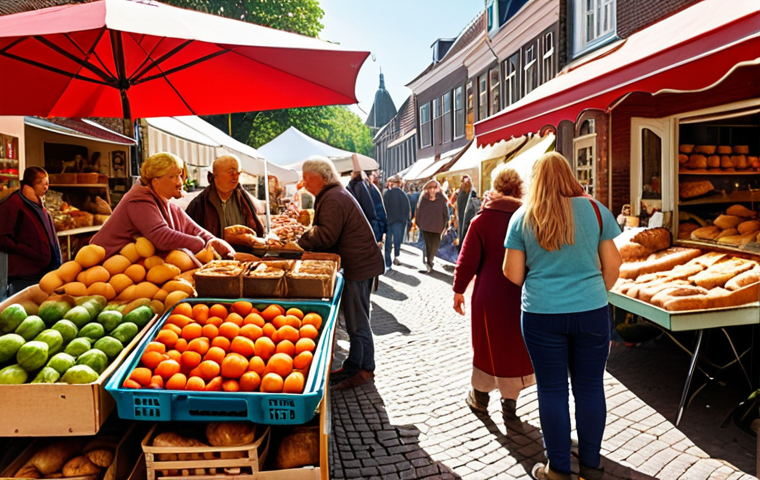 **Prompt:** A bustling local farmers market in a charming Dutch town. Focus on vibrant stalls overflowing with fresh produce, a local bakery with delicious bread, and happy customers interacting with vendors. Capture the sense of community, sustainability, and the positive impact of investing in your own neighborhood. Sunlight, warm colors, happy vibes.